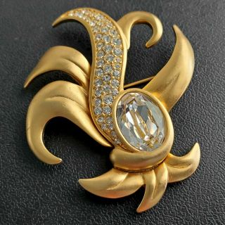 Swarovski (logo Stamp) Vintage Matte Gold Tn Leaf Flower Crystal Brooch Pin L107