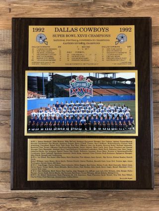 Vtg 1992 Dallas Cowboys Bowl Xvii Champs Team Photo Roster Wood Plaque