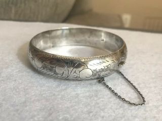 Vintage Sterling Silver 15mm Etched Hinged Bangle Bracelet W/ Safety Chain 18.  8g
