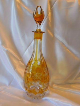 Vintage Bohemian Amber Cut To Clear Crystal Decanter & Stopper