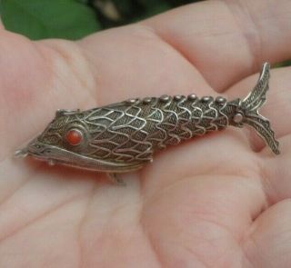 Vintage Chinese Silver Filigree Articulated " Fish " Pendant Box Coral Eyes