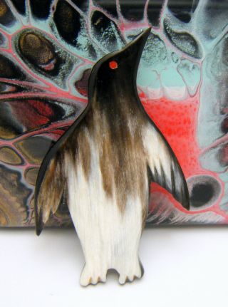 Cute Vintage Penguin Pin Artisan Carved Bull Horn Brooch