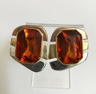 Vintage Valentino Designer Gold Tone Amber - Colored Crystal Clip Earrings