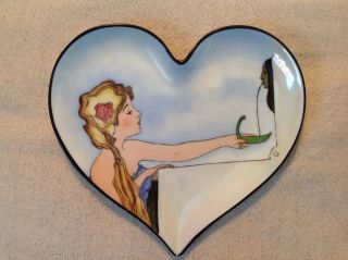 Unique Vintage Hand Painted Heart Shaped Numbered Ceramic China Trinket Dish