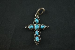 Vintage Sterling Silver Cross Pendant W Turquoise Beads - 6.  5g