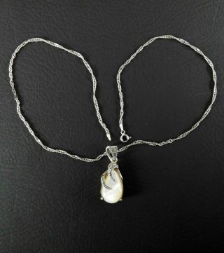 Vintage Signed SW Solid 925 Sterling Silver Pendant Mother of Pearl Chain 20 
