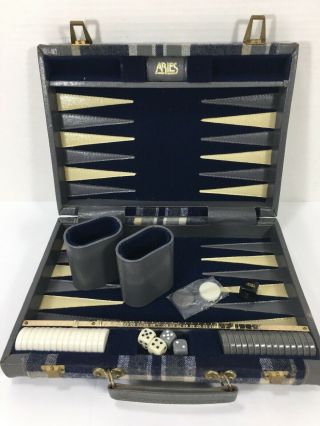 Vintage Aries Of Beverly Hills Travel Backgammon Set Flannel Pattern