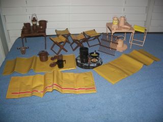 Vintage Big Jim Figure Camping Sleeping Bags Chairs Table Fire Pit Pots Pans