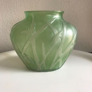 Consolidated Phoenix Art Glass Vase Green Satin Grasshoppers Locust Vintage Boho