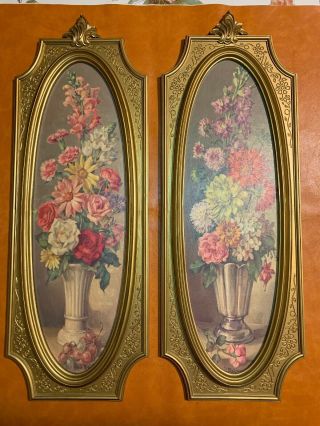 60s Vintage Dart Floral Wall Plaques Picture Gold Frame.  23x8in.