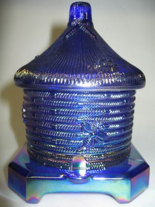 Vintage Cobalt Blue Carnival Glass Honey Pot / Bee Hive Jar Art Iridescent Boyd