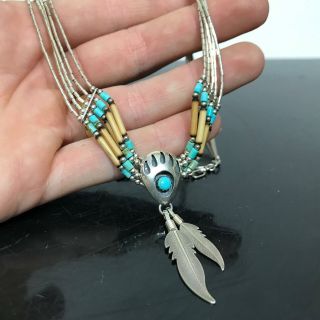 Vtg Sterling Silver Native Turquoise Beaded Paw Feather Multi - Strand Necklace
