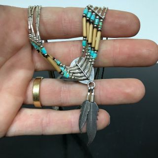 VTG Sterling Silver Native Turquoise Beaded Paw Feather Multi - Strand Necklace 2