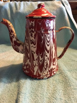 Vintage Red & White Swirl Enamel Gooseneck Coffee Pot.