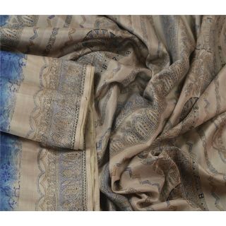 Sanskriti Vintage Blue Saree 100 Pure Silk Printed Floral Sari Craft Fabric 2