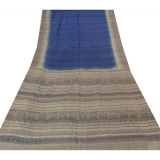 Sanskriti Vintage Blue Saree 100 Pure Silk Printed Floral Sari Craft Fabric 3