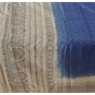 Sanskriti Vintage Blue Saree 100 Pure Silk Printed Floral Sari Craft Fabric 4