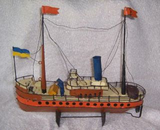 Vintage Tin Metal Hand Painted Model Steam Boat Toy Ship Handmade Folk Art