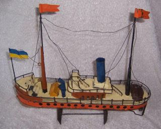 Vintage TIN Metal Hand Painted MODEL STEAM BOAT Toy SHIP Handmade Folk Art 2