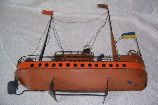 Vintage TIN Metal Hand Painted MODEL STEAM BOAT Toy SHIP Handmade Folk Art 4