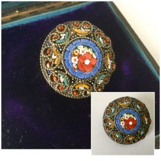 Vintage Jewellery Micro Mosaic Circular Floral Brooch Dress Pin Italy