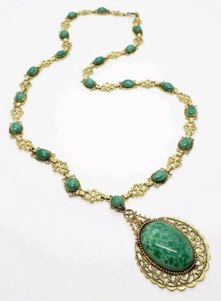 Enormous Vintage Gold Tone Green Spotted Peking Glass Art Deco Link Necklace