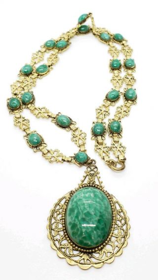 Enormous Vintage Gold Tone Green Spotted Peking Glass Art Deco Link Necklace 3