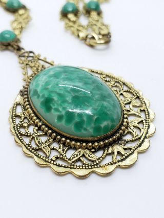 Enormous Vintage Gold Tone Green Spotted Peking Glass Art Deco Link Necklace 4