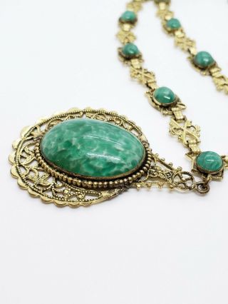 Enormous Vintage Gold Tone Green Spotted Peking Glass Art Deco Link Necklace 5