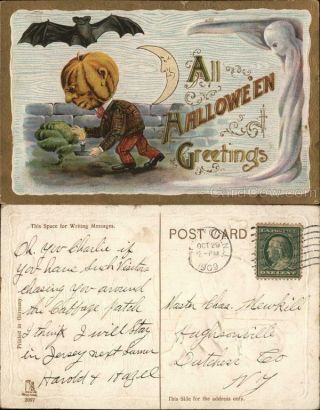 1909 All Halloween Greetings - Pumpkin - Headed Man With Candle,  Bat And Moon Vintage