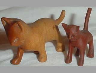 2 Vintage Wooden Cat Figurines Hand Carved/artist Signed/1.  5 "