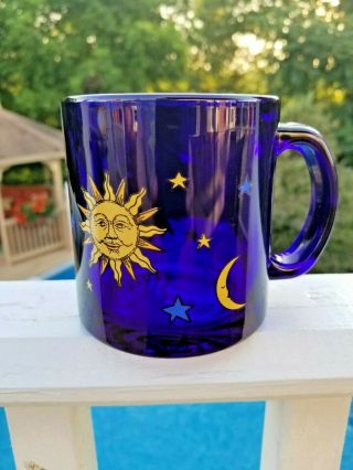 1 - Vintage Libbey Celestial Cobalt Blue Glass Mug/cup Moon Sun Stars