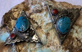 Vintage Native American Handmade Sterling Coral & Turquoise Collar Tips No Resv.