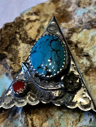 Vintage Native American Handmade Sterling Coral & Turquoise Collar Tips No Resv. 3
