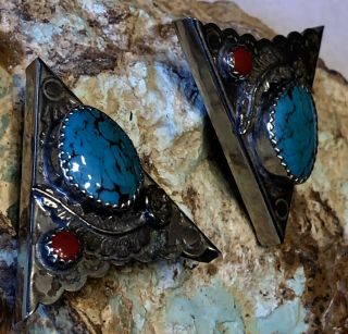 Vintage Native American Handmade Sterling Coral & Turquoise Collar Tips No Resv. 4