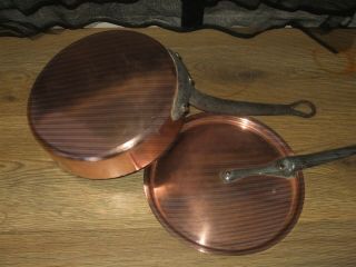 Vintage French Cuisine Copper Deep Fat Frying Pan,  Lid Tin Lined Metal Handle