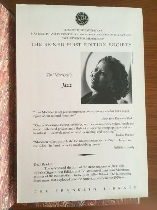 Jazz.  Toni Morrison.  SIGNED 1ST EDITION Franklin Library Gilt Leatherbound Book 8