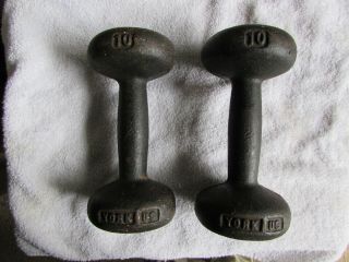Set Vintage York 10lb.  Barbell Iron Dumbbell,  Round Head,  Bodybuilding,  Fitness