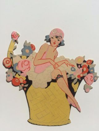 Vintage 1920s Flapper Woman In Basket Of Flowers Bridge Game Tally