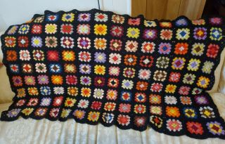 Vintage Handmade Granny Square Black With Multicolors Crochet Afghan Blanket