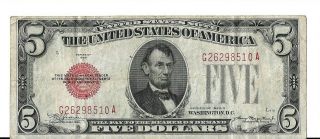 $5 Dollar 1928 Red Seal Series C Us Legal Tender Note Bill Vintage Money