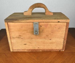 Vintage Handmade Primitive Unfinished Wood Tool Box Chest With Wood Handle