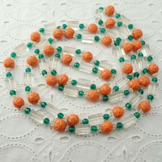 Vintage 54 " Long Art Deco Orange Green Bead Crystal Cube Fruit Salad Necklace