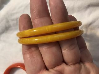 Vintage Lucite Or Bakelite Bangle Bracelet Trio Orange Marbled Yellow Plastic 5