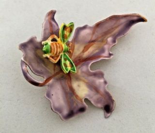 Vintage Signed Hattie Carnegie Purple Enamel Leaf Bee Insect 3D Brooch Pin 2