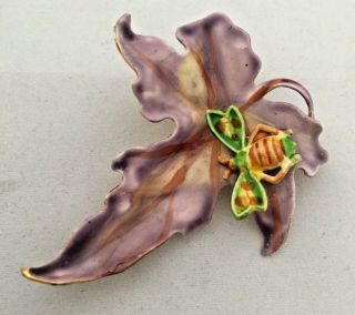 Vintage Signed Hattie Carnegie Purple Enamel Leaf Bee Insect 3D Brooch Pin 3