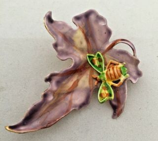 Vintage Signed Hattie Carnegie Purple Enamel Leaf Bee Insect 3D Brooch Pin 4