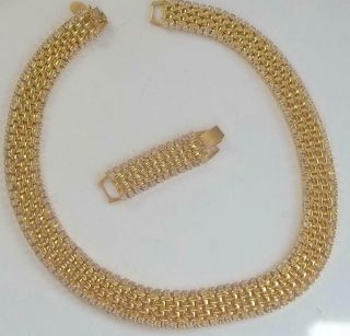Kenneth J Lane Vintage Necklace Ice Rhinestones Gold Basket Weave Links