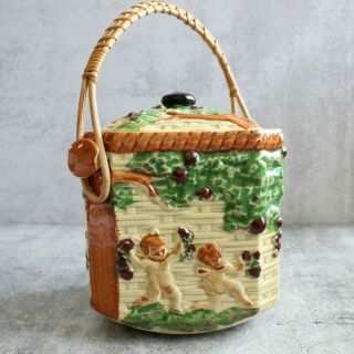 Vintage Ceramic Lidded Biscuit Cookie Jar With Wicker Handle Made In Japan
