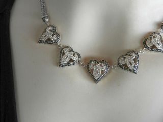 Vintage Solid 925 Sterling Silver Jewelry Marcasite Heart Necklace Choker Crysta